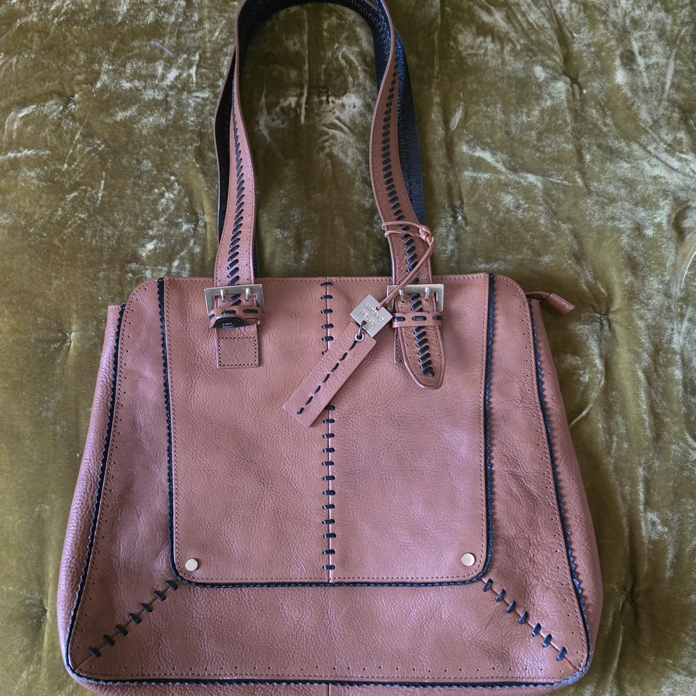 ANTONIO MELANI Dusty Brown Leather Tote with Black Accents